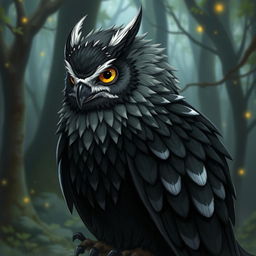 An Owlin character from Dungeons and Dragons, featuring predominantly black feathers with gray as a secondary color and white tips on the feathers