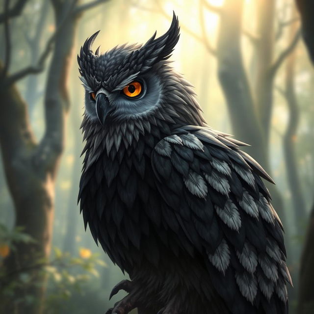 An Owlin character from Dungeons and Dragons, featuring predominantly black feathers with gray as a secondary color and white tips on the feathers