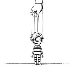 A minimalist book cover illustration depicting a boy with tousled hair and a covered face, resembling a wooden puppet controlled by strings