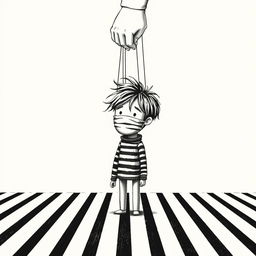 A minimalist book cover illustration depicting a boy with tousled hair and a covered face, resembling a wooden puppet controlled by strings