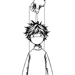 A minimalist book cover illustration depicting a boy with tousled hair and a covered face, resembling a wooden puppet controlled by strings