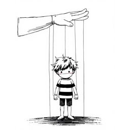 A minimalist book cover illustration featuring a boy with tousled hair and a covered face, depicted as a wooden puppet controlled by strings