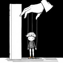 A minimalist book cover illustration featuring a boy with tousled hair and a covered face, depicted as a wooden puppet controlled by strings