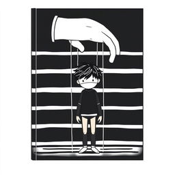 A minimalist book cover illustration featuring a boy with tousled hair and a covered face, depicted as a wooden puppet controlled by strings