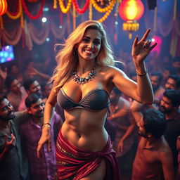 A busty, beautiful American blonde woman dancing confidently on a very crowded stage