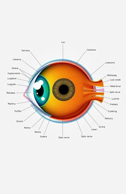 An intricate and detailed illustration of human eye anatomy, featuring labeled structures such as the cornea, iris, pupil, lens, retina, optic nerve, and sclera