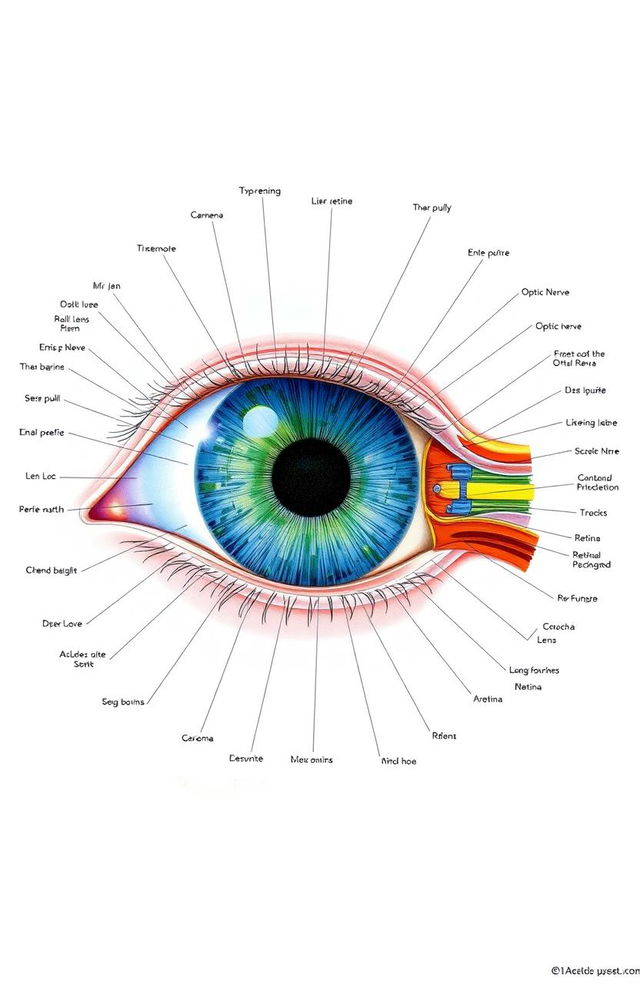 An intricate and detailed illustration of human eye anatomy, featuring labeled structures such as the cornea, iris, pupil, lens, retina, optic nerve, and sclera