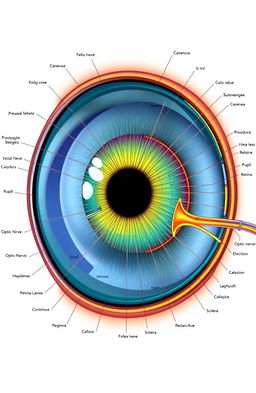 An intricate and detailed illustration of human eye anatomy, featuring labeled structures such as the cornea, iris, pupil, lens, retina, optic nerve, and sclera