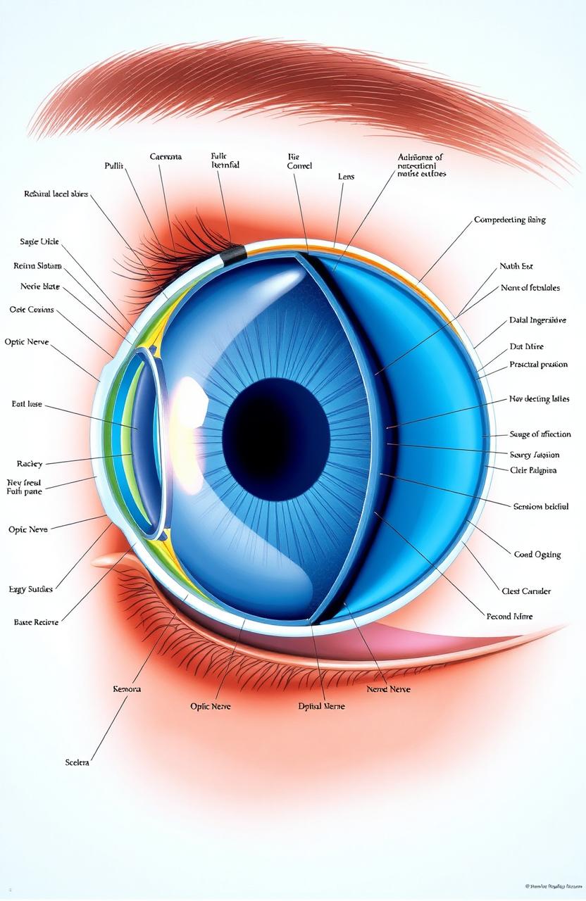 An intricate and detailed illustration of human eye anatomy, featuring labeled structures such as the cornea, iris, pupil, lens, retina, optic nerve, and sclera