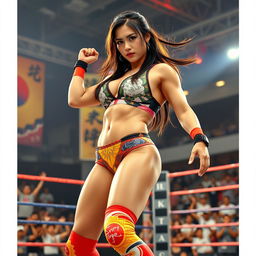 A powerful and dynamic scene featuring a strong Japanese female pro wrestler showcasing her athletic physique and captivating presence