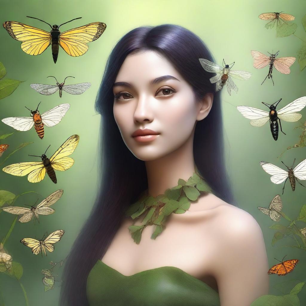 Generate an image of a life-like woman who is a living ecosystem for various insects