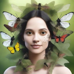 Generate an image of a life-like woman who is a living ecosystem for various insects