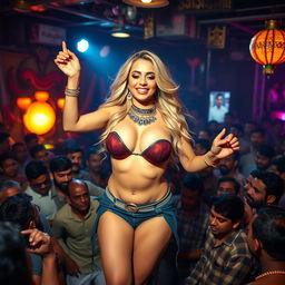 A stunningly beautiful American blonde woman with a voluptuous figure, highlighted by her big breasts and curvy hips, dancing energetically on a crowded stage
