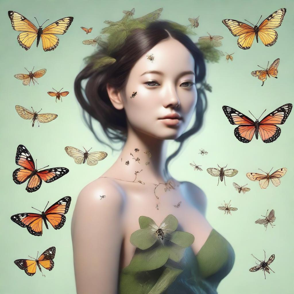 Generate an image of a life-like woman who is a living ecosystem for various insects