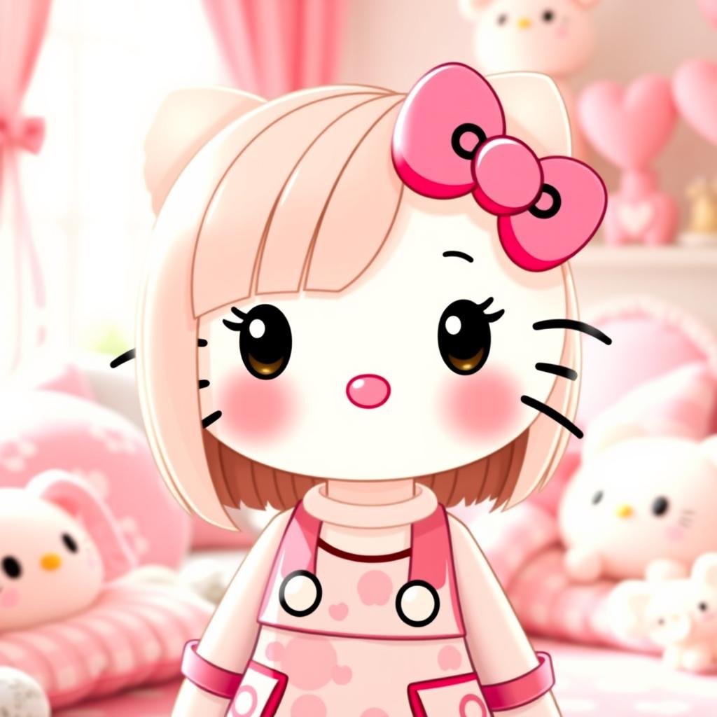 A cute and adorable Hello Kitty character with straight hair, featuring her signature bow on the left side of her head