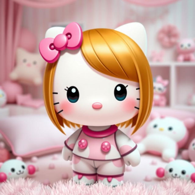 A cute and adorable Hello Kitty character with straight hair, featuring her signature bow on the left side of her head