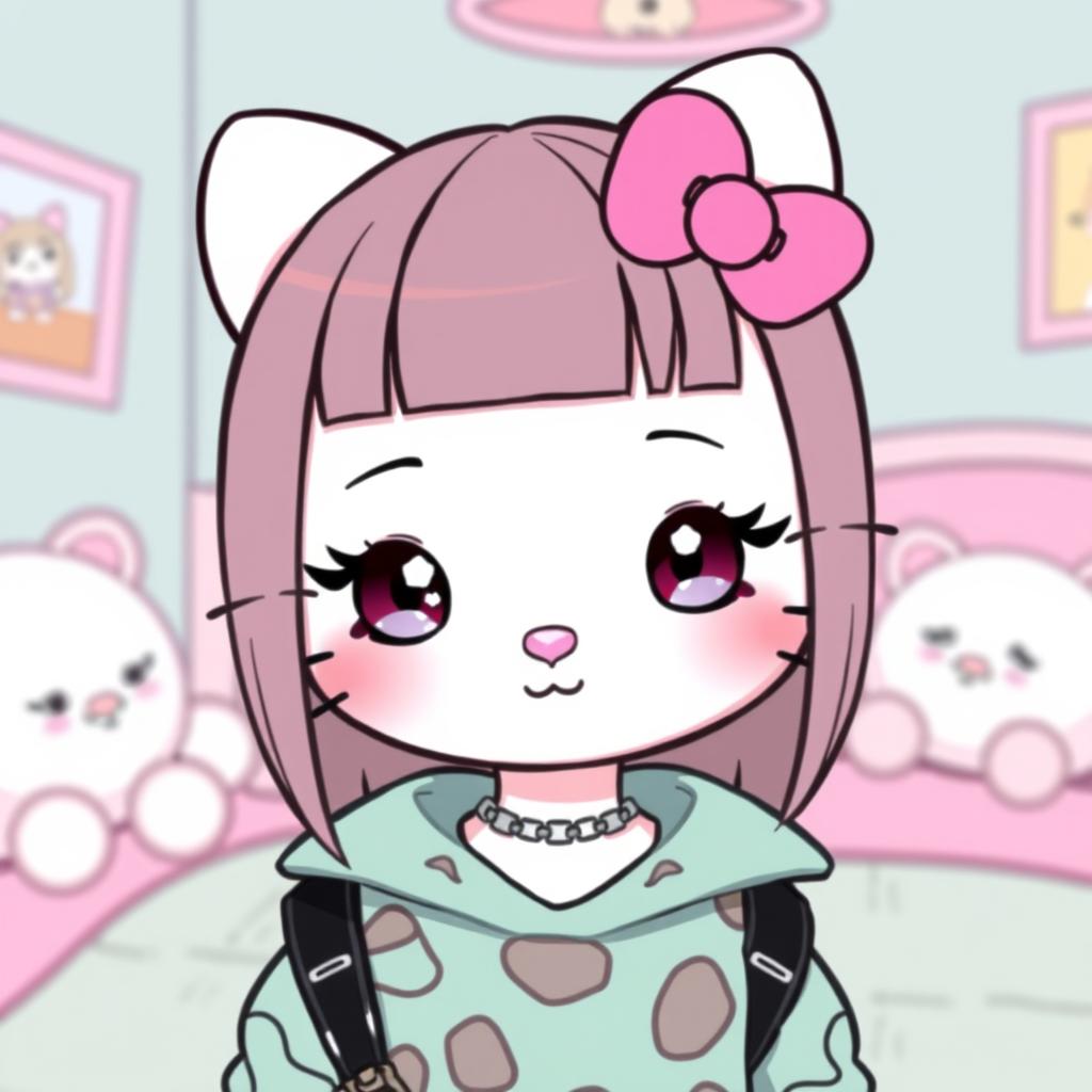 A cute and adorable Hello Kitty character with straight hair and a stylish nose piercing, featuring her signature bow on the left side of her head