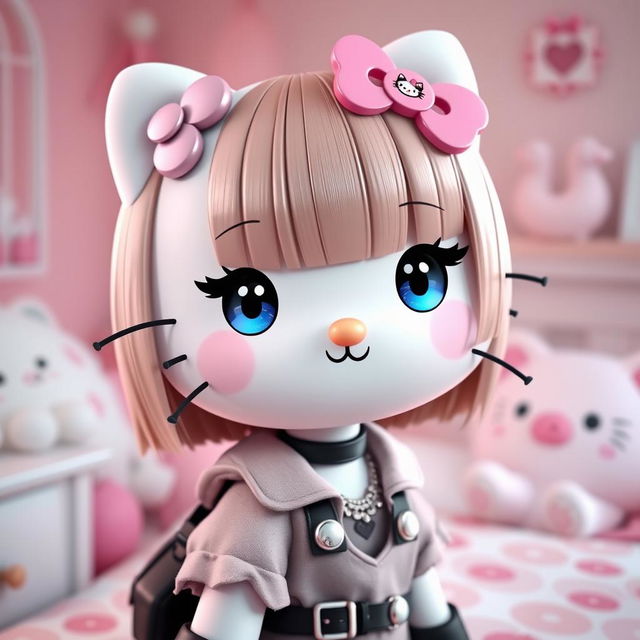 A cute and adorable Hello Kitty character with straight hair and a stylish nose piercing, featuring her signature bow on the left side of her head