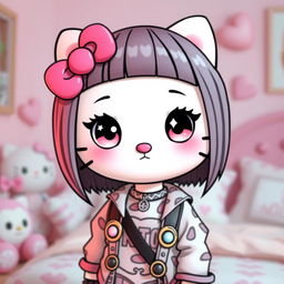 A cute and adorable Hello Kitty character with straight hair and a stylish nose piercing, featuring her signature bow on the left side of her head