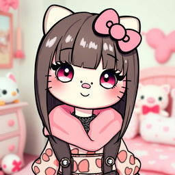 A cute and adorable Hello Kitty character with straight hair and a stylish nose piercing, featuring her signature bow on the left side of her head