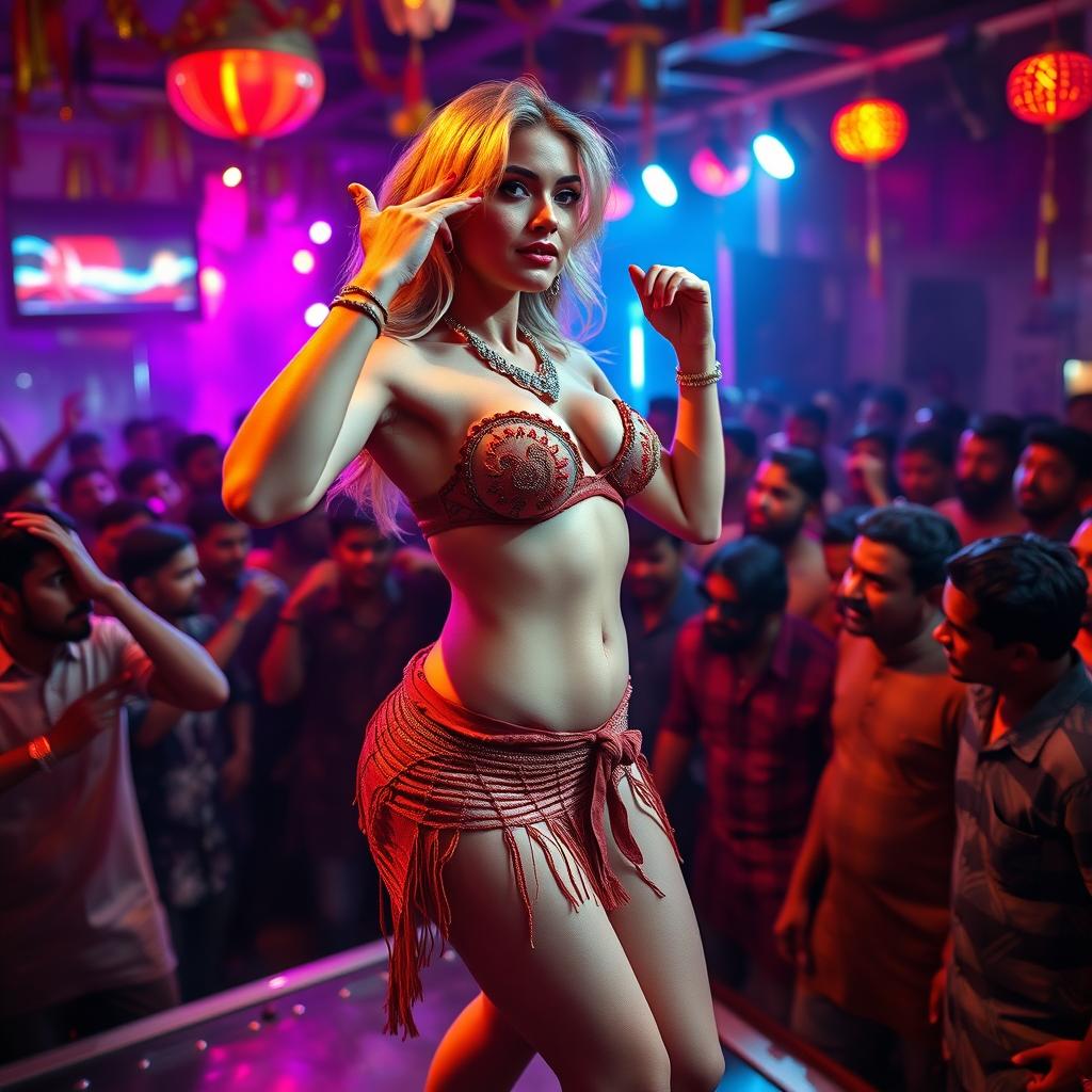 A busty and beautiful American blonde woman with a fit physique, showcasing her big breasts and curvy figure, is dancing on a crowded stage in a vibrant Indian dance bar