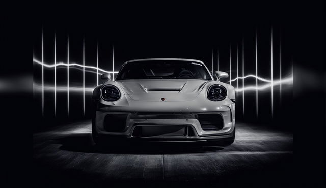 Black and white cinematic photograph of a Porsche GT3 in motion with sharp focus on car and blurred background.