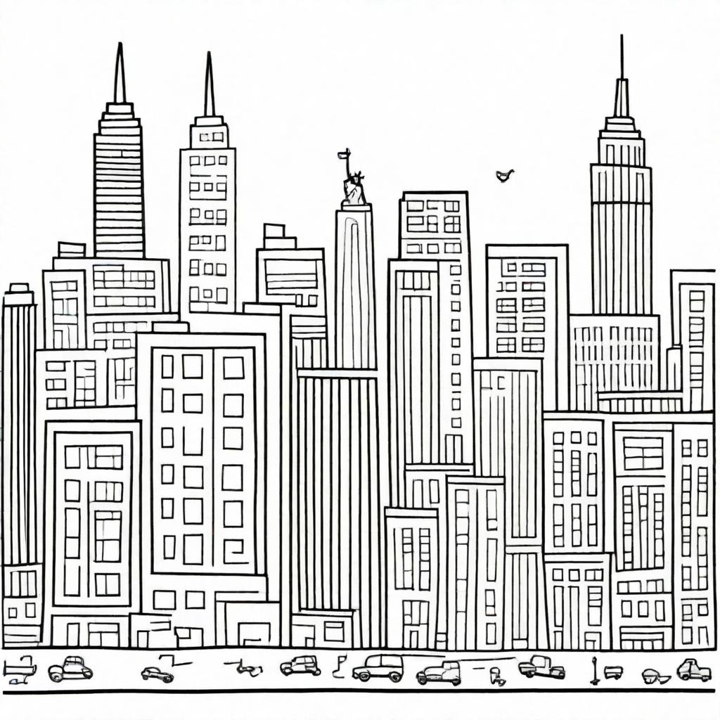 A hand-drawn depiction of New York City, as imagined and depicted by a four-year-old child, complete with skyscrapers, taxis, and the Statue of Liberty in their playful, innocent style