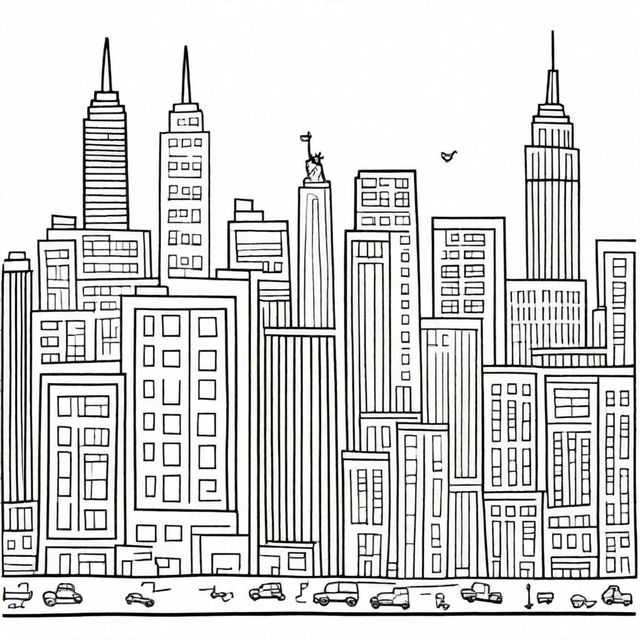 A hand-drawn depiction of New York City, as imagined and depicted by a four-year-old child, complete with skyscrapers, taxis, and the Statue of Liberty in their playful, innocent style