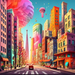 Generate a vibrant cartoon representation of a recognizable city.