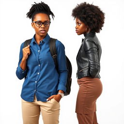 Two young black women in their late 20s facing each other with scowls on their faces against a clean, white background