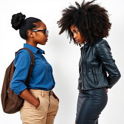 Two young black women in their late 20s facing each other with scowls on their faces against a clean, white background