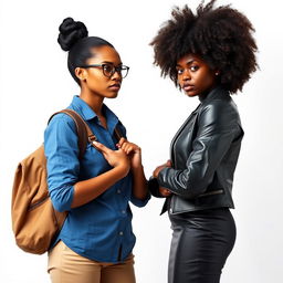 Two young black women in their late 20s facing each other with scowls on their faces against a clean, white background