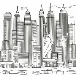 A hand-drawn depiction of New York City, as imagined and depicted by a four-year-old child, complete with skyscrapers, taxis, and the Statue of Liberty in their playful, innocent style