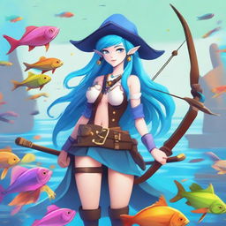 A female sea elf with blue skin, dressed in pirate attire