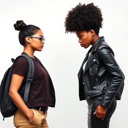 Two young Black women in their late 20s facing each other with scowling expressions against a clean white background