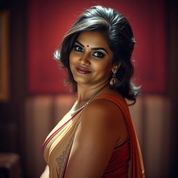 A sultry portrait of a confident Indian woman in her mid-40s, exuding charm and allure