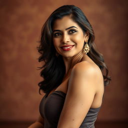 A sultry portrait of a confident Indian woman in her mid-40s, exuding charm and allure
