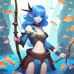 A female sea elf with blue skin, dressed in pirate attire