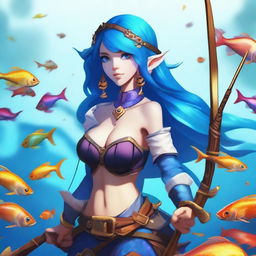 A female sea elf with blue skin, dressed in pirate attire