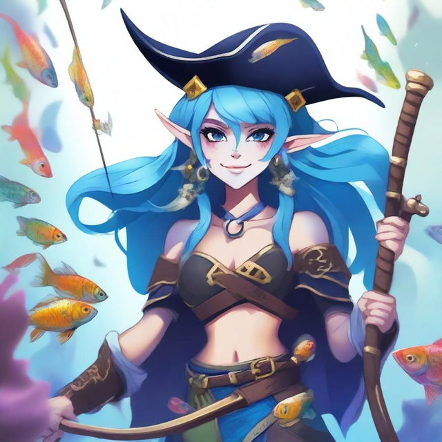 A female sea elf with blue skin, dressed in pirate attire