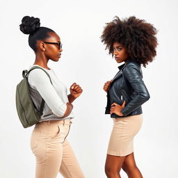 Two young Black sisters in their late 20s facing each other with scowls, expressing anger and frustration against a pristine white background