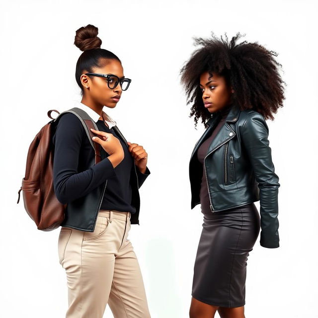 Two young Black sisters in their late 20s facing each other with scowls, expressing anger and frustration against a pristine white background