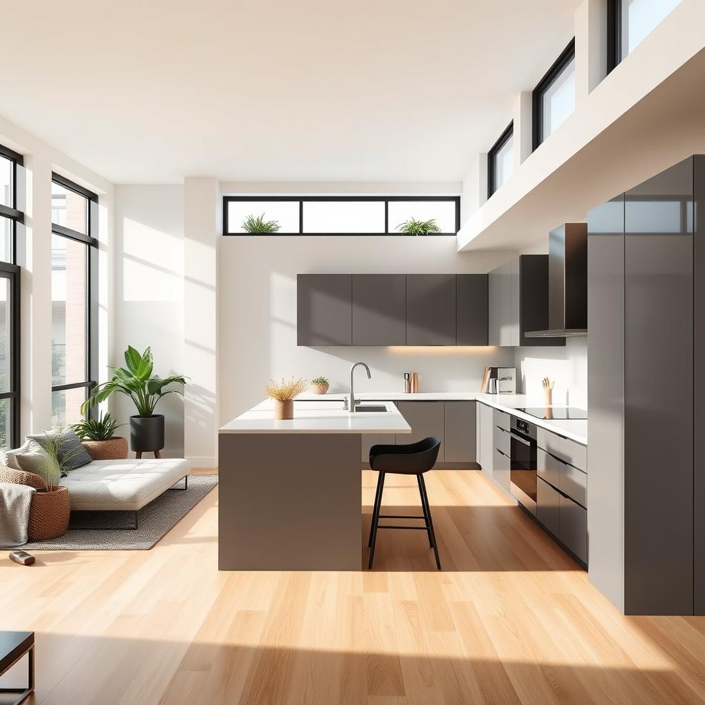 A modern kitchen designed in an L-shape, seamlessly connected to an interior terrace within an apartment