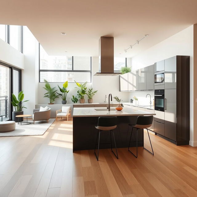 A modern kitchen designed in an L-shape, seamlessly connected to an interior terrace within an apartment