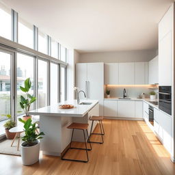 A modern kitchen designed in an L-shape, seamlessly connected to an interior terrace within an apartment