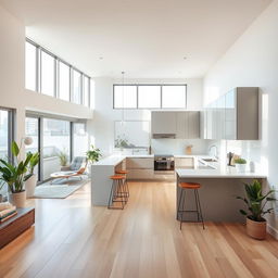 A modern kitchen designed in an L-shape, seamlessly connected to an interior terrace within an apartment