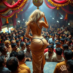 A blonde woman with a round, curvy backside dances on a crowded stage, confidently showcasing her figure while wearing a necklace