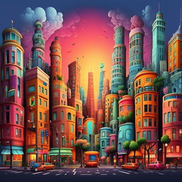 Generate a vibrant cartoon representation of a recognizable city.