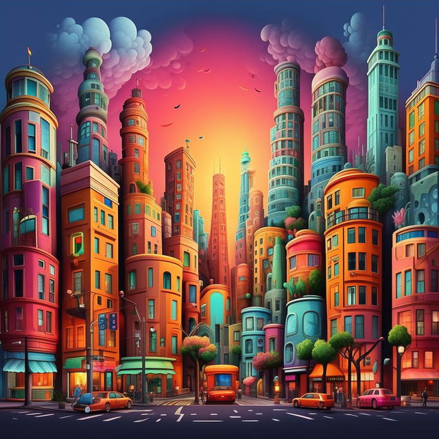 Generate a vibrant cartoon representation of a recognizable city.