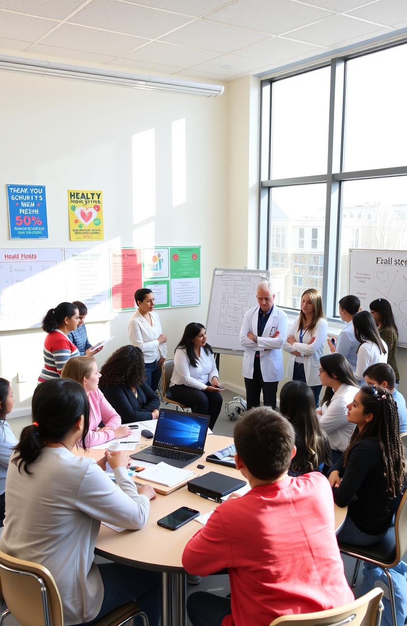 A school health committee meeting in a bright, modern classroom setting